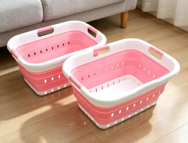 Collapsible Plastic Laundry Basket 2 Piece Set With Handles