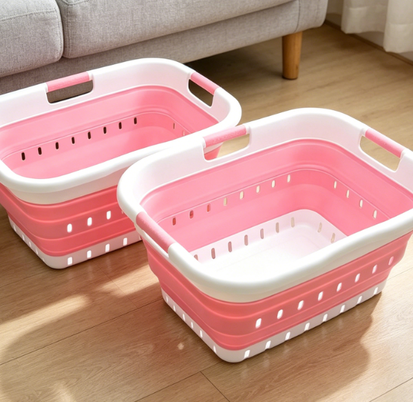 Collapsible Plastic Laundry Basket 2 Piece Set With Handles