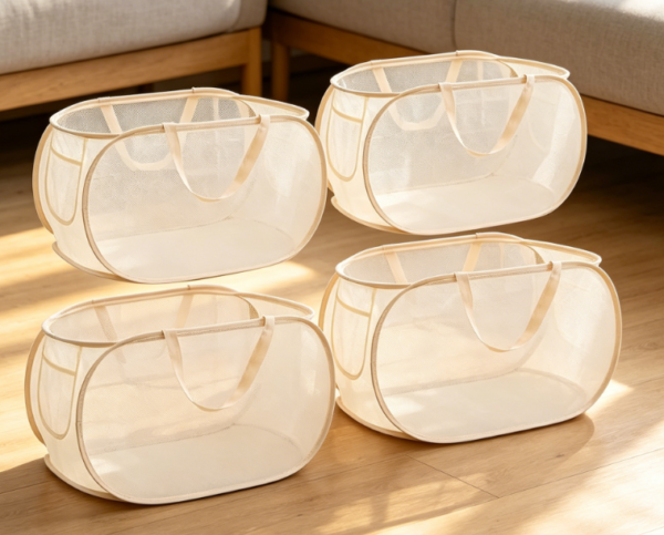 Canvas Collapsible Laundry Basket Storage Set With Side Pockets