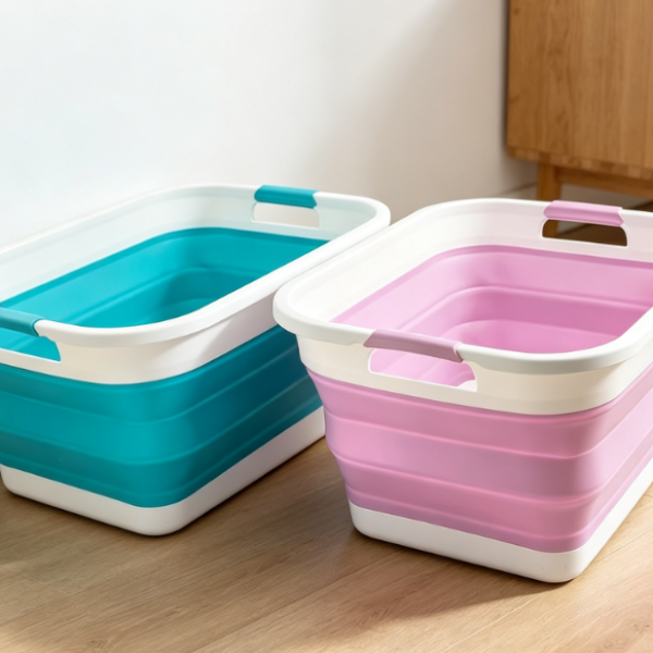 Collapsible Plastic Laundry Basket 2 Piece Storage Set