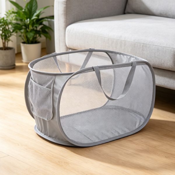Mesh Collapsible Laundry Basket With Side Pockets And Handles